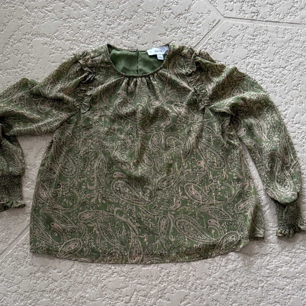 CeCe Olive Paisley Ruffle Blouse